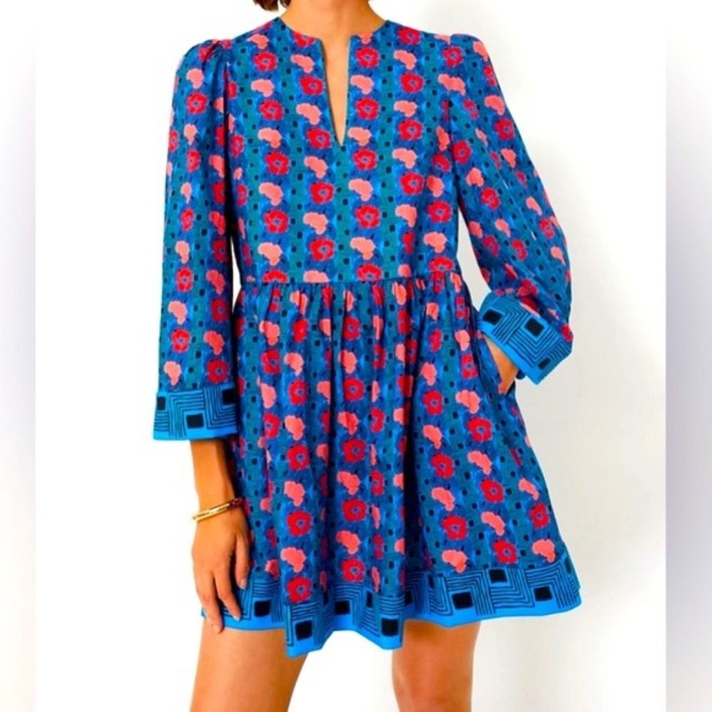 Tuckernuck Izzie pink Blue Dress with Floral Pattern and pockets 20” Bust Large